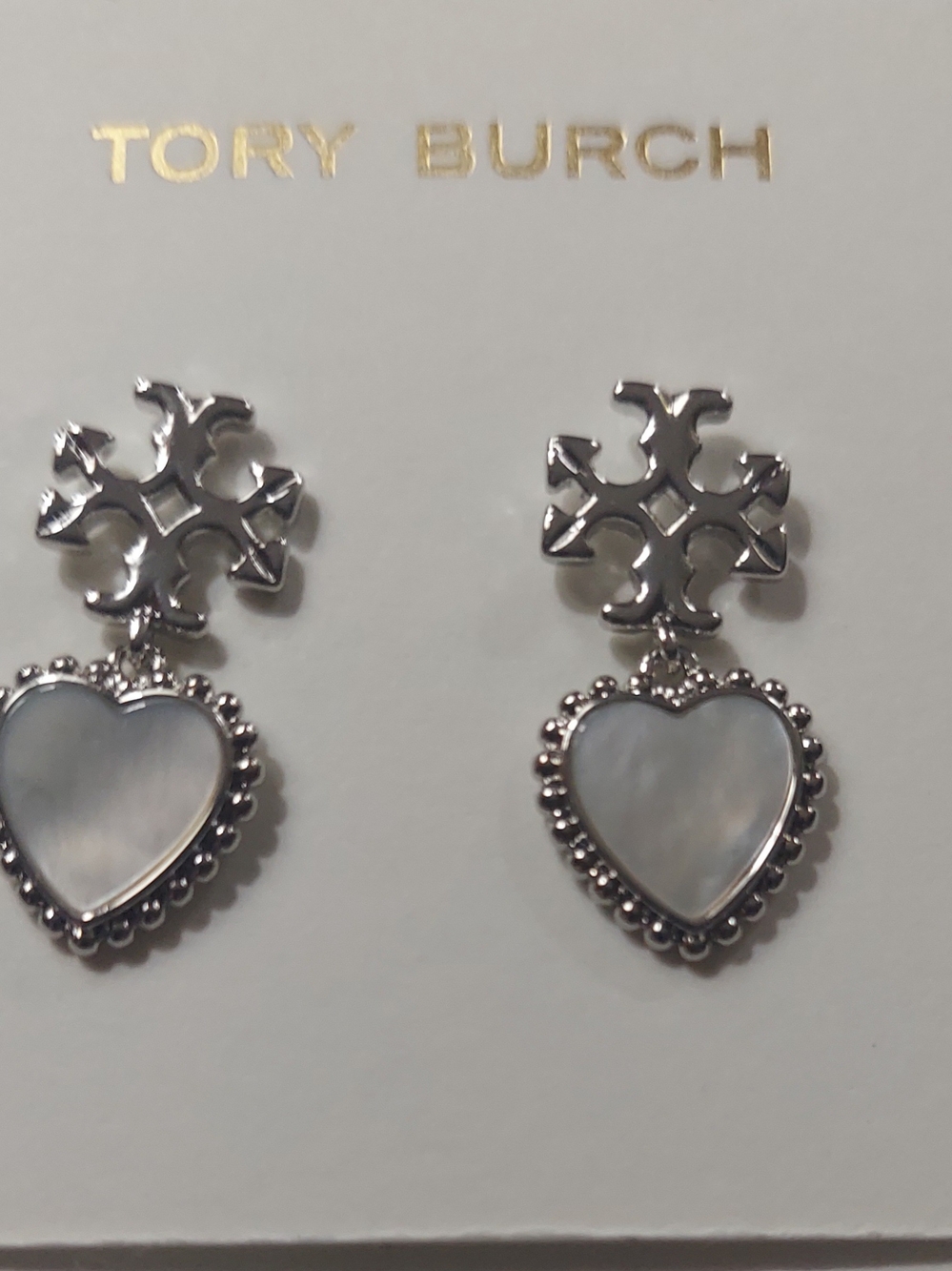 Tory Burch Silver-Tone Logo Drop Earrings with Mother-of-Pearl Hearts